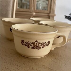 1970's Pfaltzgraff VILLAGE Brown Floral Cream Tan Flat Handle Cups Mugs Set 4